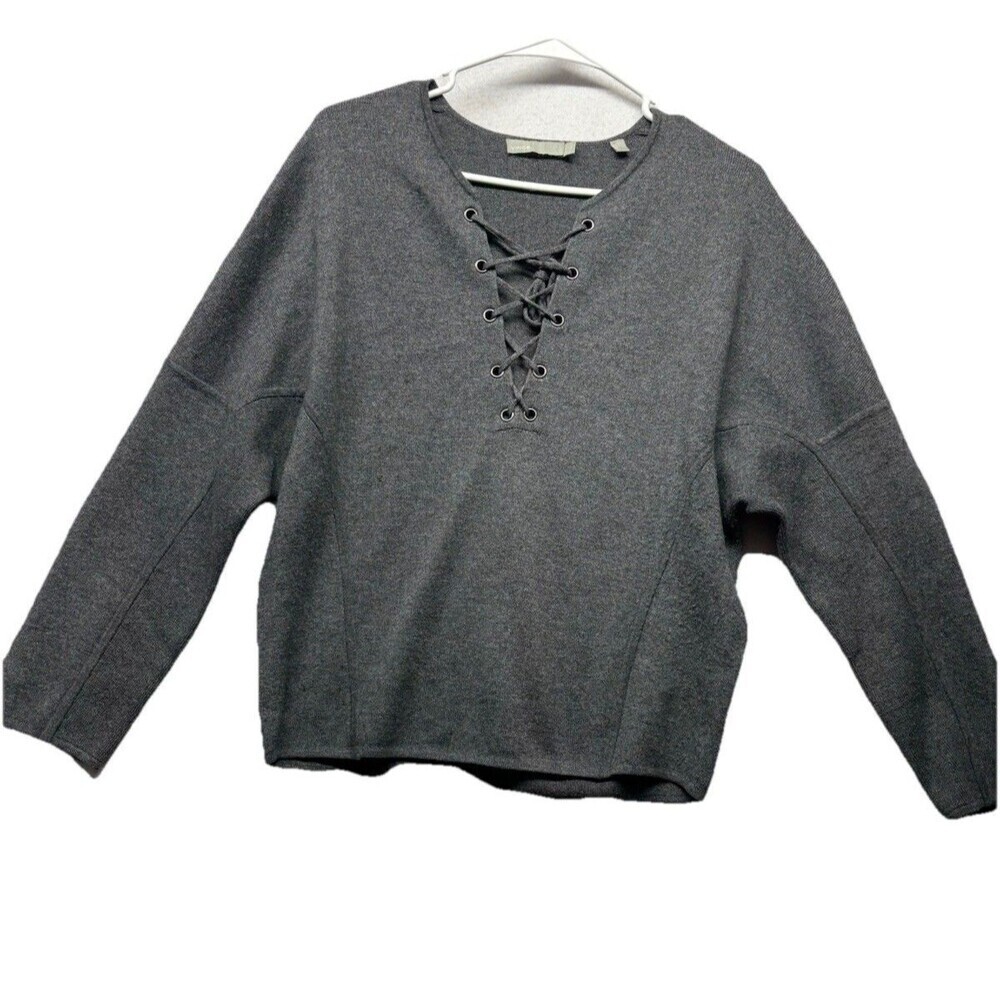 Vince Gray Merino Wool Cashmere Sweater Lace Up Quiet Luxury Minimalist Size XS